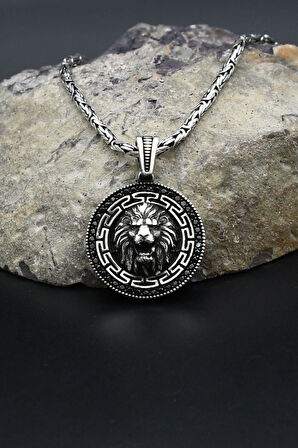 Grek Desenli Aslan Figürlü 925 Ayar Gümüş Kolye Kral Zincir 2Mm 902422