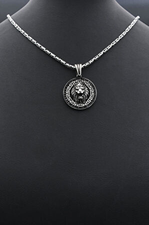 Grek Desenli Aslan Figürlü 925 Ayar Gümüş Kolye Kral Zincir 2Mm 902422