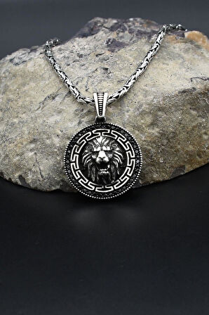 Grek Desenli Aslan Figürlü 925 Ayar Gümüş Kolye Kral Zincir 2Mm 902422