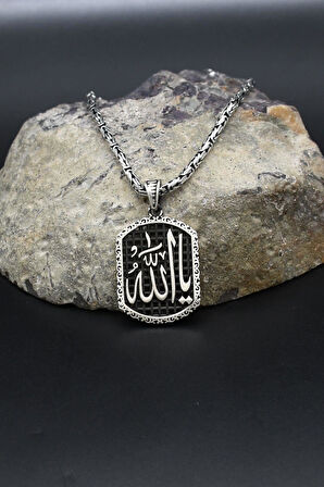 Ya Allah Yazılı 925 Ayar Gümüş Kolye Kral Zincir 2Mm 902429