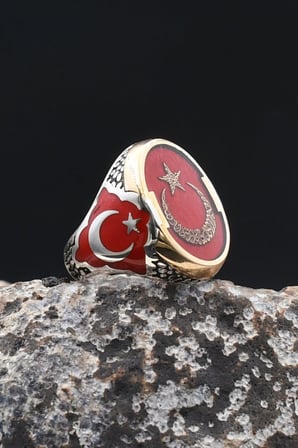 Ay Yıldızlı - Ay Yıldız - Kelime-i Tevhid Yazlı 925 Ayar Gümüş Erkek Yüzük Mineli 902482