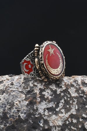 Ay Yıldız - Ay Yıldızlı - Kelime-i Tevhid Yazlı 925 Ayar Gümüş Erkek Yüzük Mineli 902487