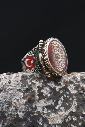 Hz. Süleyman Mührü - Ay Yıldızlı -  Kelime-i Tevhid Yazlı 925 Ayar Gümüş Erkek Yüzük Mineli 902488