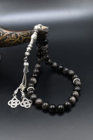 Doğal Obsidyen Taşlı 33'lük Tesbih Metal Püsküllü 10mm Küre Kesim 902513
