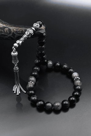 Doğal Obsidyen Taşlı Tesbih 925 Ayar Gümüş Püsküllü 10mm Küre Kesim 902618