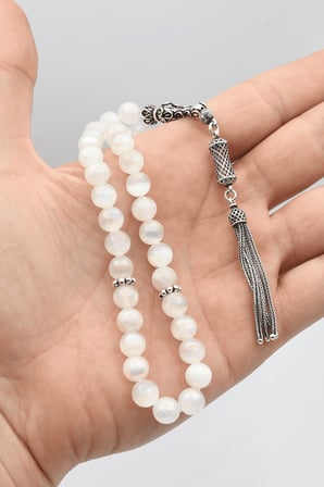 Doğal Selenit Taşlı Tesbih 925 Ayar Gümüş Püsküllü 8mm Küre Kesim 902625