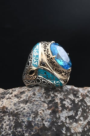 Hasbiyallah ve Edep Ya Hu ve Ol der ve olur Yazlı Aquamarine Taşlı 925 Ayar Gümüş Yüzük 902646
