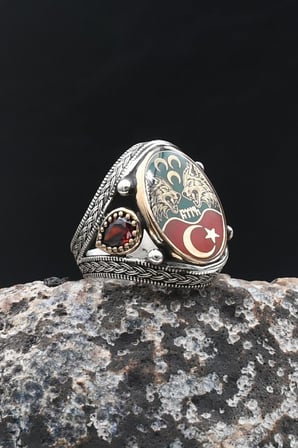 925 Ayar Gümüş Yüzük Ay Yıldızlı - Üç Hilal - Bozkurt Göktürkçe Türk Yazılı Mineli  902720