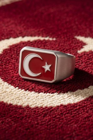Ay Yıldızlı - Ay Yıldız 925 Ayar Gümüş Erkek Yüzük Mineli 902756