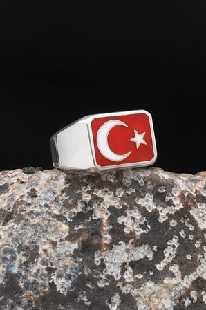 Ay Yıldızlı - Ay Yıldız 925 Ayar Gümüş Erkek Yüzük Mineli 902756