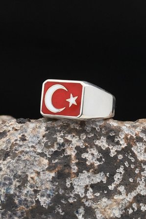 Ay Yıldızlı - Ay Yıldız 925 Ayar Gümüş Erkek Yüzük Mineli 902756