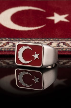 Ay Yıldızlı - Ay Yıldız 925 Ayar Gümüş Erkek Yüzük Mineli 902756
