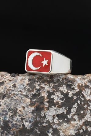 Ay Yıldızlı - Ay Yıldız 925 Ayar Gümüş Erkek Yüzük Mineli 902756