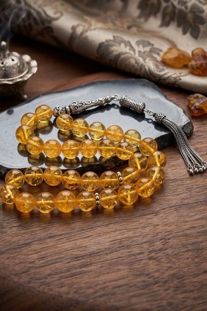 Doğal Sitrin Taşlı Tesbih 925 Ayar Gümüş Püsküllü 10mm Küre Kesim 902766