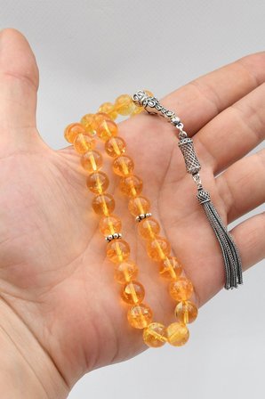 Doğal Sitrin Taşlı Tesbih 925 Ayar Gümüş Püsküllü 10mm Küre Kesim 902766