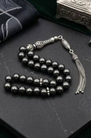 Doğal Hematit Taşlı Tesbih 925 Ayar Gümüş Püsküllü 10mm Küre Kesim 902767