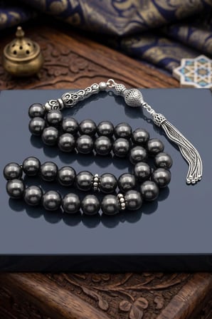 Doğal Hematit Taşlı Tesbih 925 Ayar Gümüş Püsküllü 8mm Küre Kesim 902768