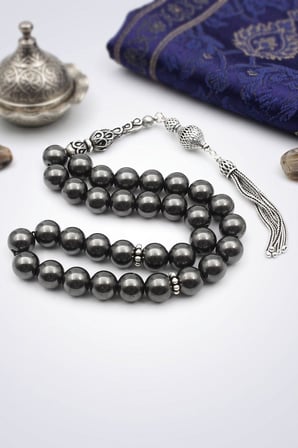 Doğal Hematit Taşlı Tesbih 925 Ayar Gümüş Püsküllü 8mm Küre Kesim 902768