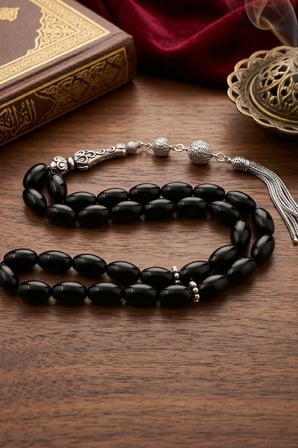 Doğal Oniks Taşlı Arpa Kesim Tesbih 925 Ayar Gümüş Püsküllü 12*8 mm 902770
