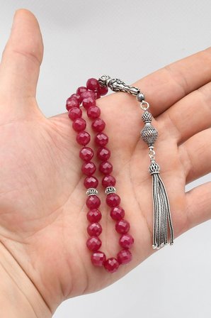 Doğal Yakut Taşlı 33'lük Tesbih 925 Ayar Gümüş Püsküllü 8mm Küre Kesim 902772