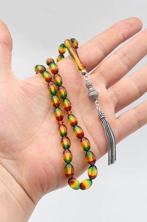 Surmeli Sıkma Kehribar Taşlı Arpa Kesim Tesbih 925 Ayar Gümüş Püsküllü 12*8 mm 902778