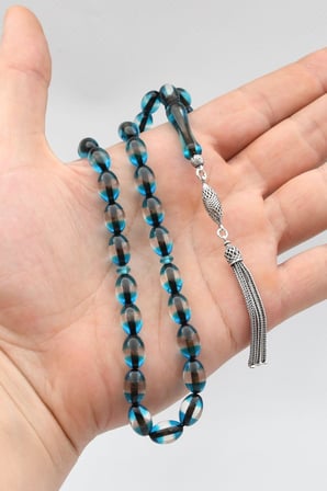 Surmeli Sıkma Kehribar Taşlı Arpa Kesim Tesbih 925 Ayar Gümüş Püsküllü 12*8 mm 902787