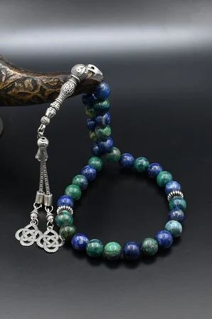 Doğal Azurite Taşlı 33'lük Tesbih Metal Püsküllü10mm Küre Kesim 902788