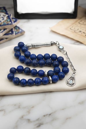 Doğal Lapis lazuli Taşlı 33'lük Tesbih Metal Püsküllü 8mm Küre Kesim 902842