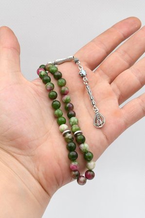 Doğal Jade Yeşim Taşlı 33'lük Tesbih Metal Püsküllü 8mm Küre Kesim 902846