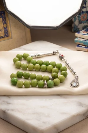Doğal Jade Yeşim Taşlı 33'lük Tesbih Metal Püsküllü 8mm Küre Kesim 902847