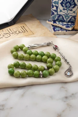 Doğal Jade Yeşim Taşlı 33'lük Tesbih Metal Püsküllü 8mm Küre Kesim 902847