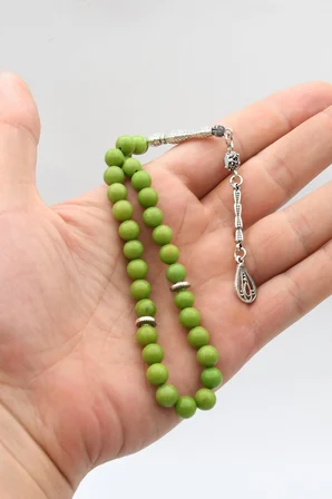 Doğal Jade Yeşim Taşlı 33'lük Tesbih Metal Püsküllü 8mm Küre Kesim 902847