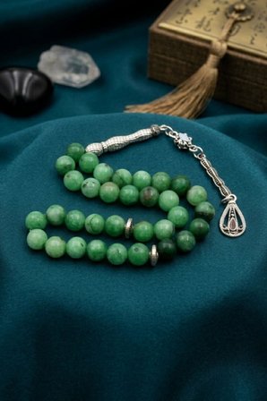 Doğal Jade Yeşim Taşlı 33'lük Tesbih Metal Püsküllü 8mm Küre Kesim 902848