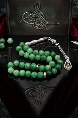 Doğal Jade Yeşim Taşlı 33'lük Tesbih Metal Püsküllü 8mm Küre Kesim 902848
