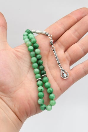 Doğal Jade Yeşim Taşlı 33'lük Tesbih Metal Püsküllü 8mm Küre Kesim 902848