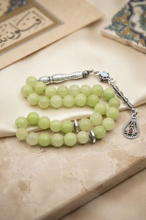 Doğal Jade Yeşim Taşlı 33'lük Tesbih Metal Püsküllü 8mm Küre Kesim 902849