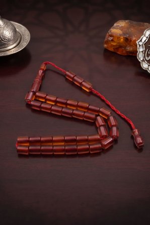 Sıkma Kehribar Taşlı 33'lük Tesbih Metal Püsküllü 8mm Küre Kesim 902854