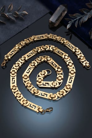 Paslanmaz Çelik Euro Kral Model Erkek Kolye Zincir Ve Bileklik Set 10 Mm Altın Kaplama 902914