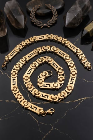 Paslanmaz Çelik Euro Kral Model Erkek Kolye Zincir Ve Bileklik Set 10 Mm Altın Kaplama 902914