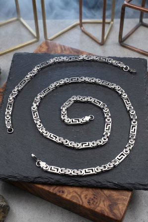 Paslanmaz Çelik Euro Kral Model Erkek Kolye Zincir Ve Bileklik Set 6 Mm Grek Desenli 902923