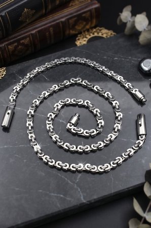 Paslanmaz Çelik Euro Kral Model Erkek Kolye Zincir Ve Bileklik Set 6 Mm 902929