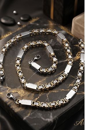 Paslanmaz Çelik Kral Model Erkek Kolye Zincir Ve Bileklik Set 8Mm Grek Desenli 902930
