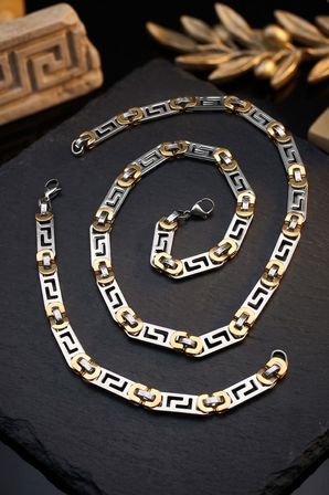 Paslanmaz Çelik Euro Kral Model Erkek Kolye Zincir Ve Bileklik Set 10Mm Grek Desenli 902932