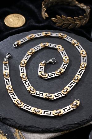 Paslanmaz Çelik Euro Kral Model Erkek Kolye Zincir Ve Bileklik Set 10Mm Grek Desenli 902932
