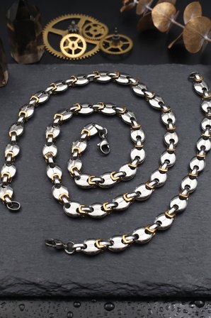 Paslanmaz Çelik Gemici - Kahve Çekirdeği Model Erkek Kolye Zincir Ve Bileklik Set 10Mm 902933
