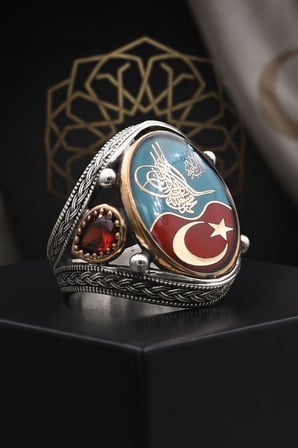 Osmanlı Tuğralı ve Ay Yıldızlı ve Kelime-i Tevhid Yazlı 925 Ayar Gümüş Yüzük Mineli 902962