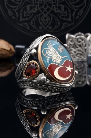 Osmanlı Tuğralı ve Ay Yıldızlı ve Kelime-i Tevhid Yazlı 925 Ayar Gümüş Yüzük Mineli 902962