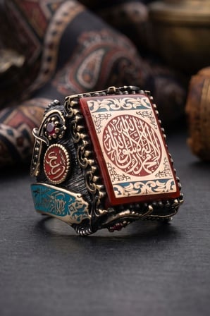 Özel Tasarım Kelime-i Tevhid ve Allah ve Muhammed Yazılı Gümüş Yüzük Sıkma Kehribar Taşlı 902995