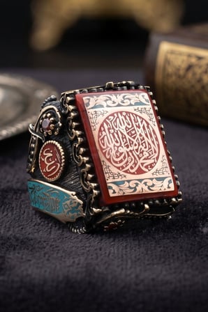 Özel Tasarım Kelime-i Tevhid ve Allah ve Muhammed Yazılı Gümüş Yüzük Sıkma Kehribar Taşlı 902995