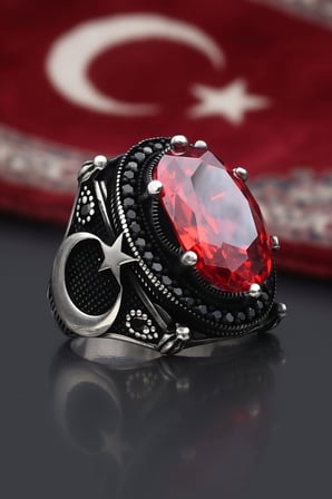 Ay Yıldız - Ay Yıldızlı 925 Ayar Gümüş Erkek Yüzüğü Kırmızı Zirkon Taşlı 903008